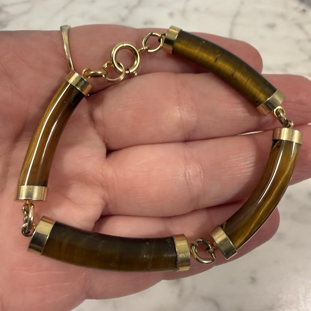 12k Gold Filled Polished Tiger's Eye Stone Curved Bar Link Bracelet 6.25"